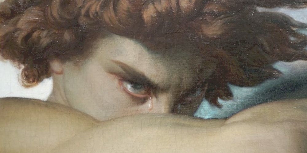 Utsnitt av Alexandre Cabanels maleri L’Ange déchu: et blikk med en tåre over en arm